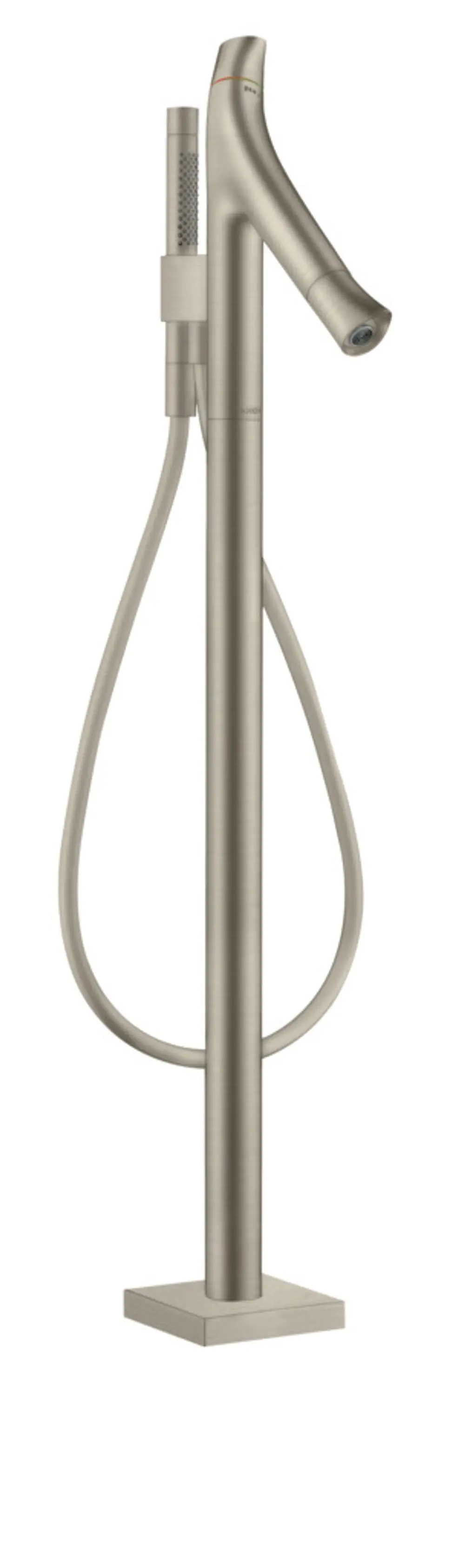 Bodenstehender Thermostat in gebürstetem Nickel, vor einer weißen Fläche. Produkt von AXOR, geeignet für Wanneninstallation, mit flexibler Handbrause und ergonomischem Design.